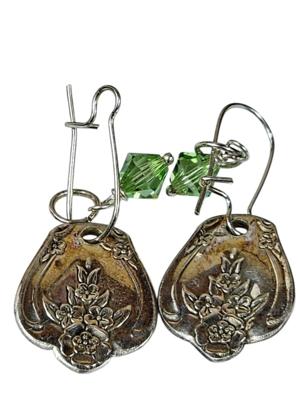 Silver Floral Spoon Handle Earrings with Green Crystal Beads Dangle Drop VTG - Picture 2 of 8